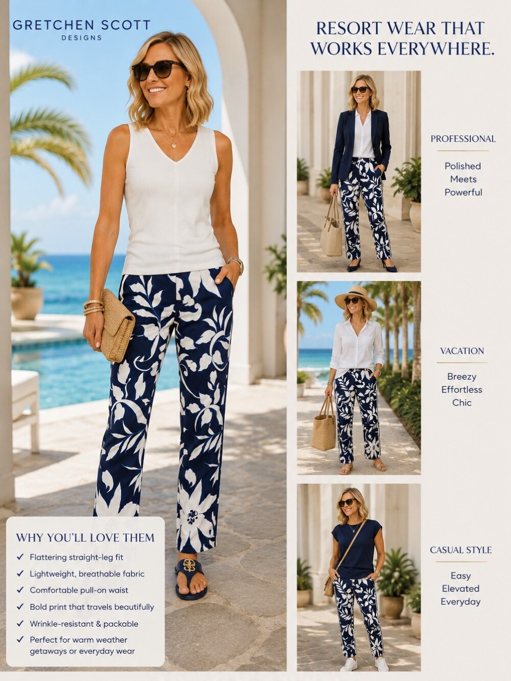 Gretchen Scott Designs Navy & White Floral Straight-Leg Pants